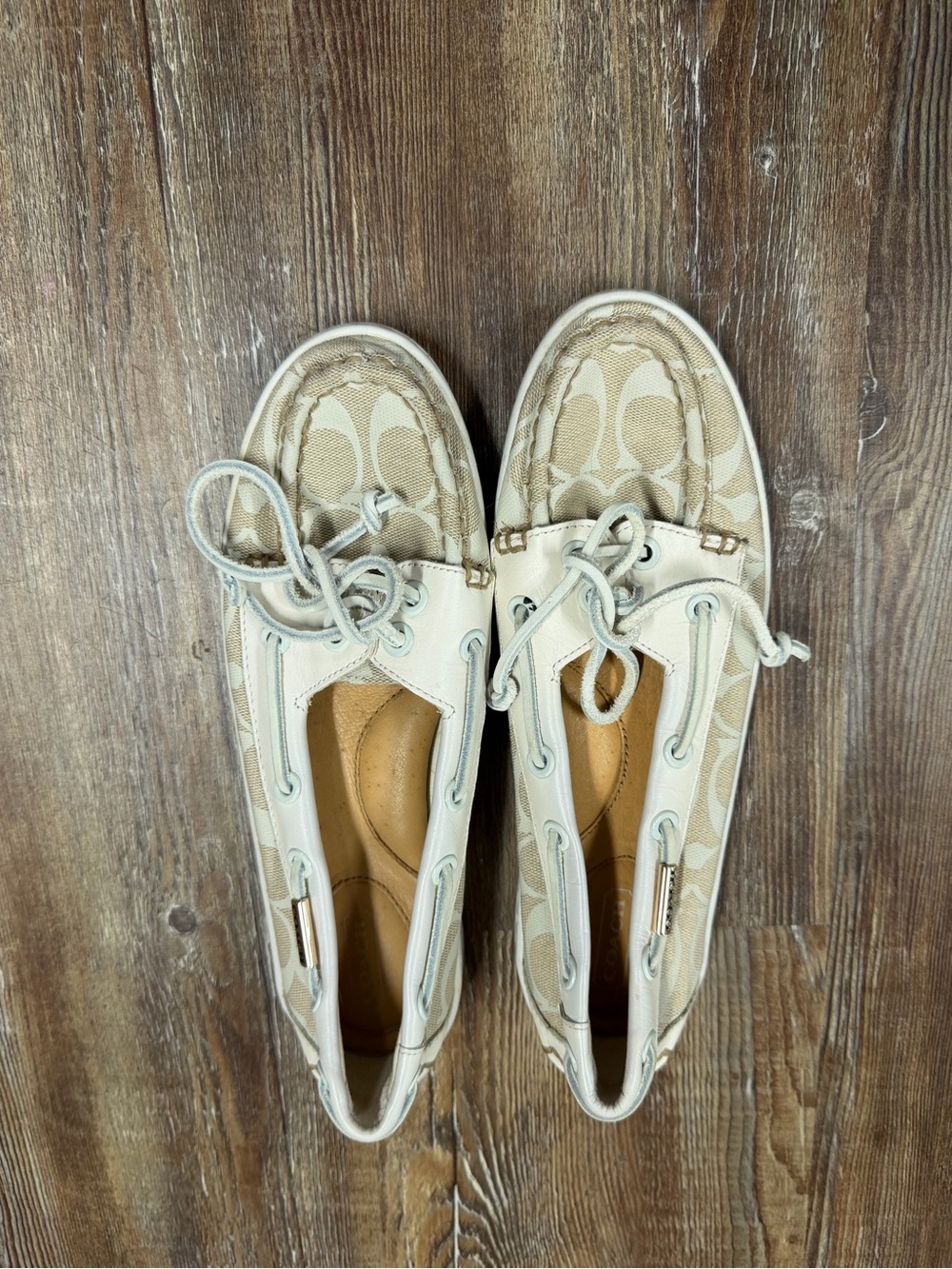 Y2K preppy Coach white & cream boat shoes with beige canvas logo pattern
